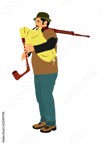 Bagpiper vector on white background. Street perform. Music performer play on traditional instrument. Bagpipe, pipes vector.