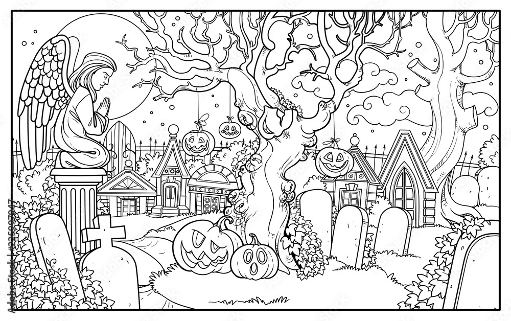 Halloween background cemetery and crypts with statue of an angel in prayer outlined for coloring page