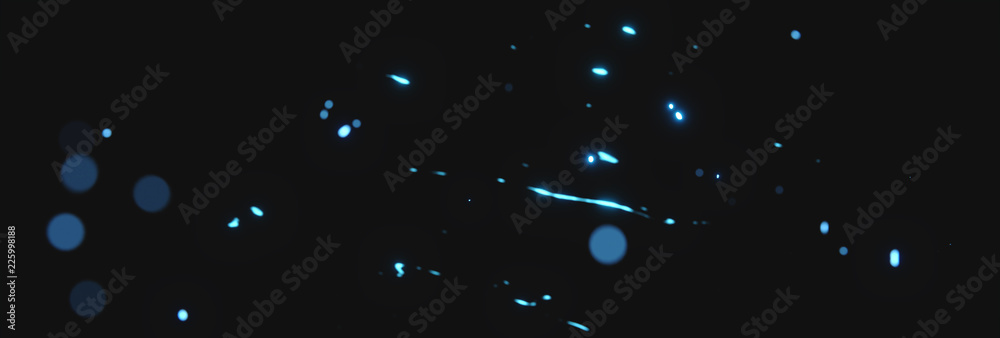 Fototapeta premium Niebieskie błyszczące cząsteczki kurzu przed czarnym tle