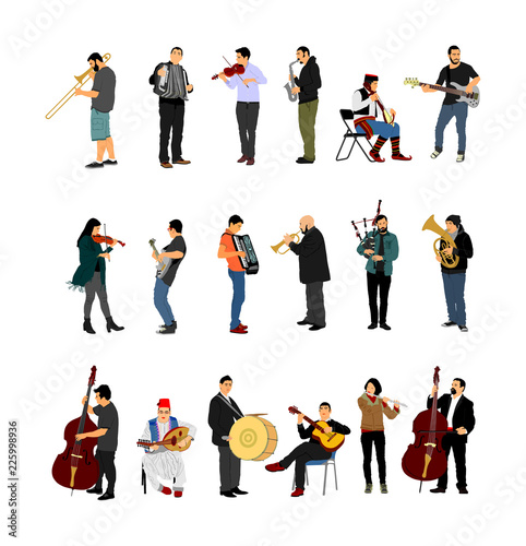 Big set of musician player with music instrument. Guitar player, contrabass, violin, accordion, flutist, saxophone, bagpiper, clarinet, double bass, trumpet, bugler, drummer, cello, cellist artist