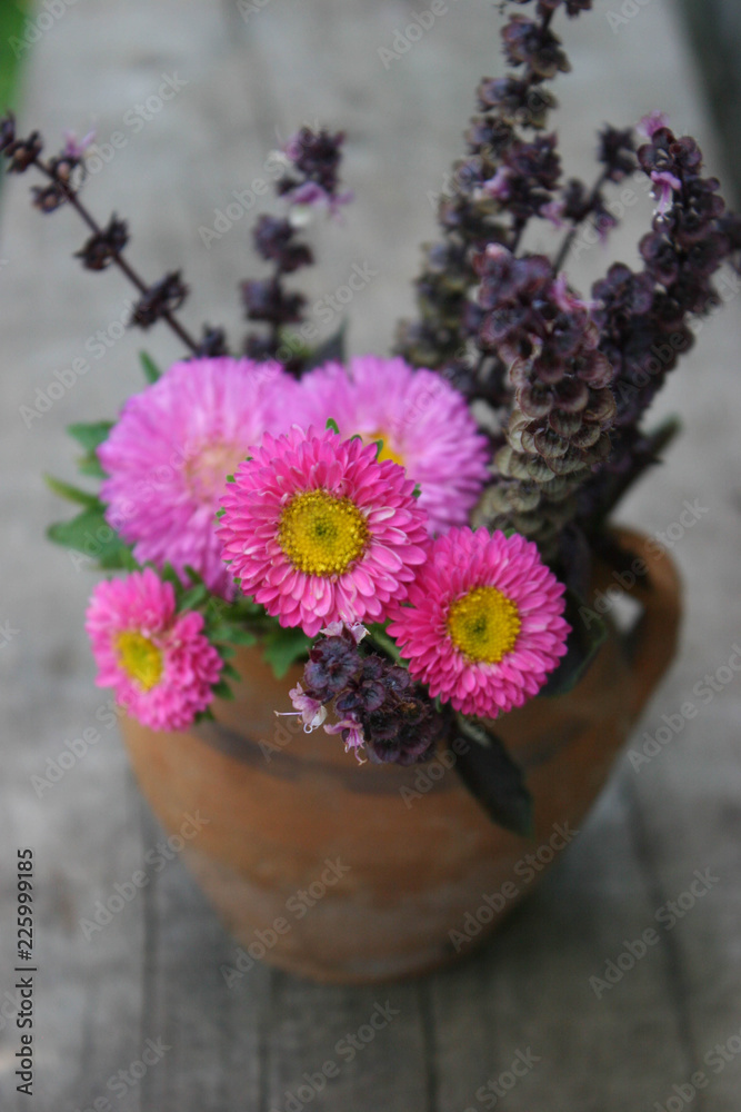 Pink flowers of Aster. Bouquet of flowers. Violet basil. Bouquet of Asters on wooden background. Pink flowers of Aster. Bouquet of flowers. Violet basil. Bouquet of Asters on wooden background.