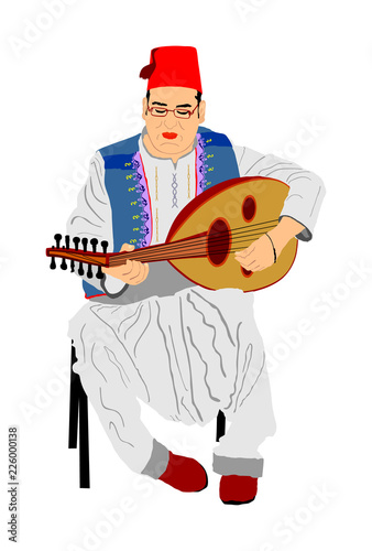 Arab man play oud, lute or mandola vector illustration, traditional music instrument from Asia. Islamic culture. Musician from middle east. Popular street performer, tourist attraction. Oriental event