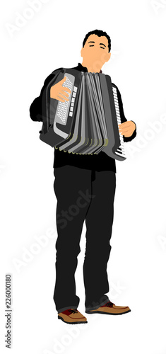 Musician accordion man vector Illustration isolated on white background. Music event on the public. Street performer amusement public.  Music artist. Jazz man. 