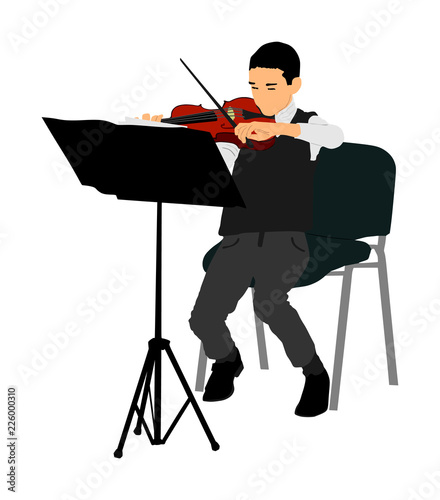 Young man playing violin vector illustration isolated on white background. Classic music performer concert. Musician artist amusement public. Virtuoso on violin. Boy plays string instrument.