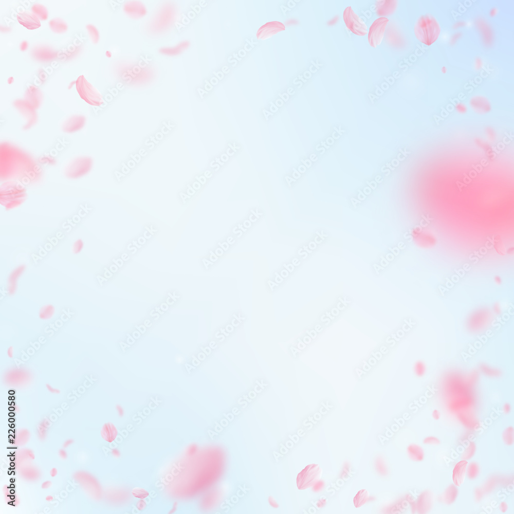 6729212 Sakura petals falling down. Romantic pink flowers vignette. Flying petals on blue sky square backgro