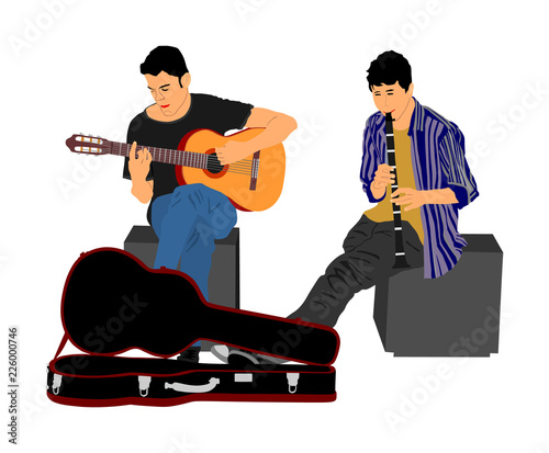 Street music performers with guitar and flute, clarinet play for money vector illustration isolated on white. Guitar player, and  flutist. Musician amusement people. Duet art sound. Boys artist band.