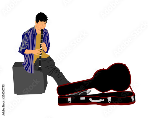 Street artist boy playing on the clarinet, vector illustration. Street performer with flute, clarinet isolated on white background. Flutist.