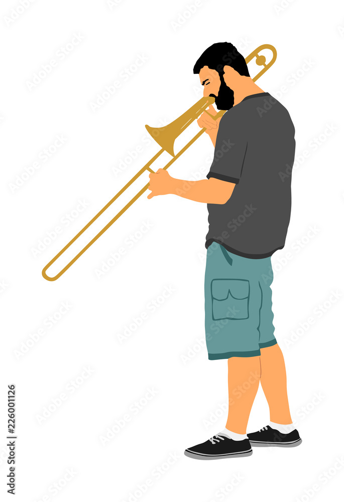 Trombone player vector illustration. Music man play wind instrument. Music artist. Jazz man. Bugler street performer. Musician play trumpet. Entertainment for public. Classic music event. Trombone player vector illustration. Music man play wind instrument. Music artist. Jazz man. Bugler street performer. Musician play trumpet. Entertainment for public. Classic music event.