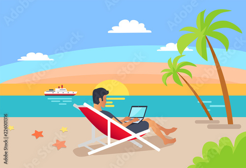 Fototapeta Naklejka Na Ścianę i Meble -  Summer Illustration Freelancer Man, Distant Worker