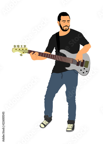 Guitarist player vector illustration isolated on white background. Popular music super star on stage. Guitar music instrument. Rock and roll concert. Country club event. live public entertainment.