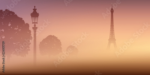 Vue de Paris avec la Tour Eiffel dans la brume au milieu du Champ de Mars, dans la fraîcheur du matin.