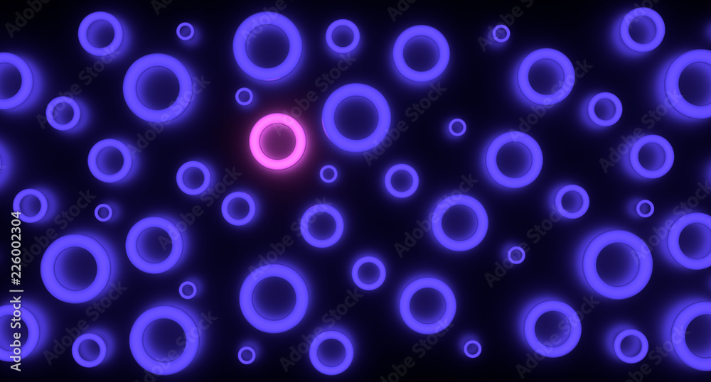 Abstract render of group glowing purple torus and one pink. On black background