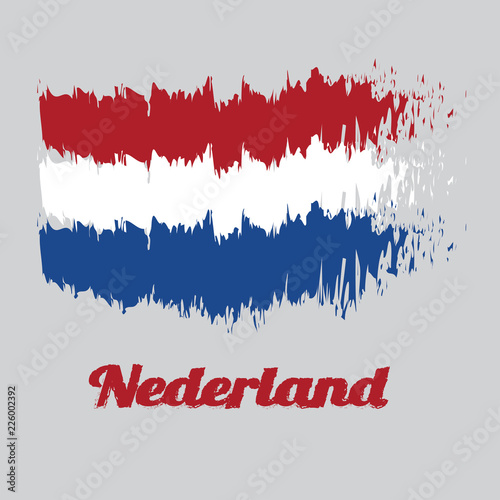 Brush style color flag of Holland, horizontal tricolor of red, white, and blue. with text Nederland.