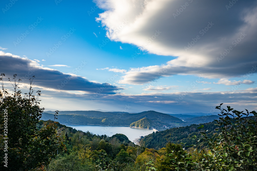 Fototapeta premium Aerial drone view on beautiful Solina lake in Polish Bieszczady Mountains. Solina, Poland