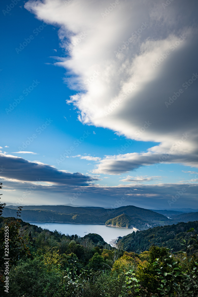 Fototapeta premium Aerial drone view on beautiful Solina lake in Polish Bieszczady Mountains. Solina, Poland