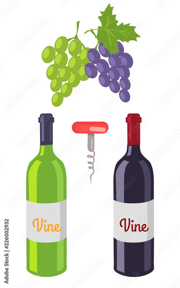 Obraz premium Wine Bottles and Grapes Set Vector Illustration