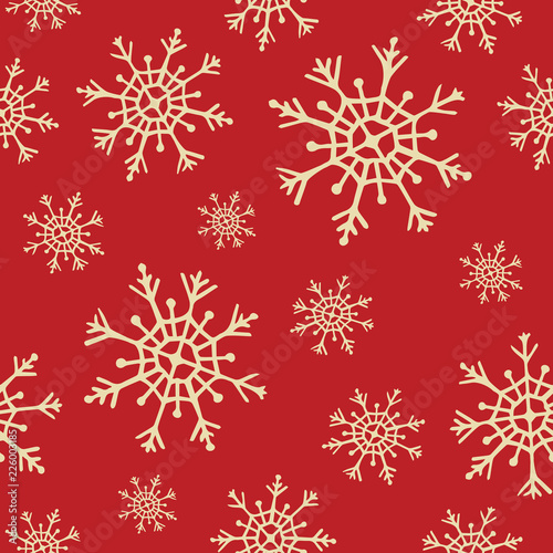 New year and christmas seamless pattern with snowflakes. Winter vector illustration. Festive, holiday red background.