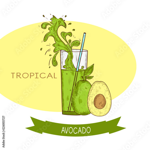 Avocado. Fruit, glass, straw. Splash, spray. Drink, cocktail. Sk