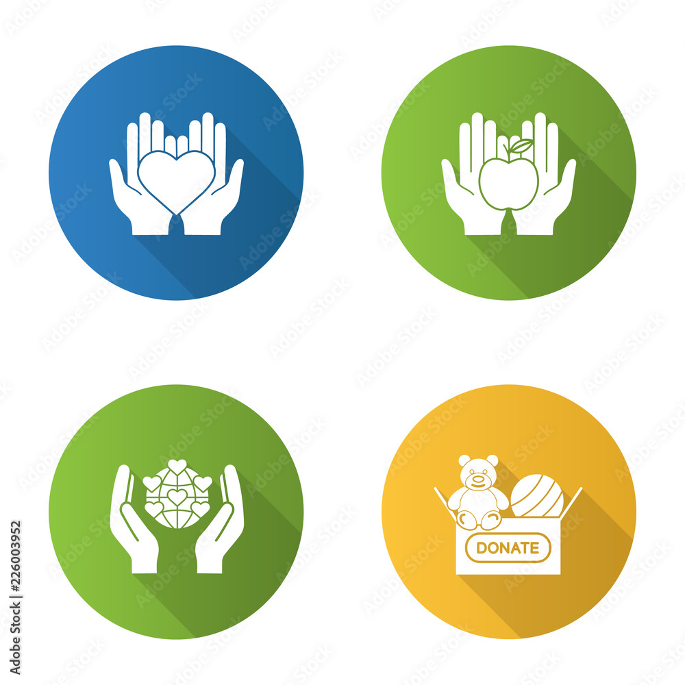 Obraz premium Charity flat design long shadow glyph icons set