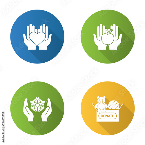 Charity flat design long shadow glyph icons set