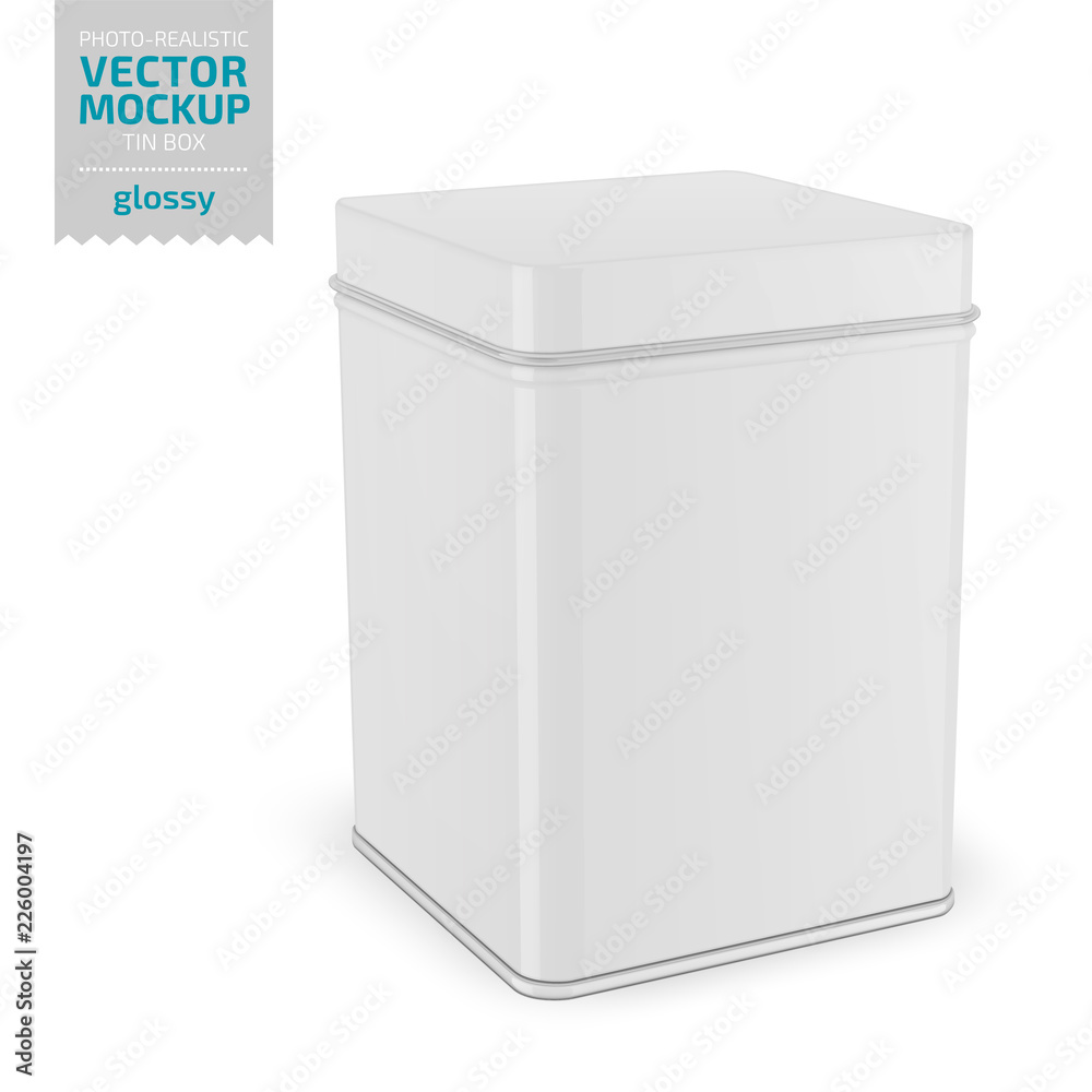 Square glossy tin can template. Realistic vector.