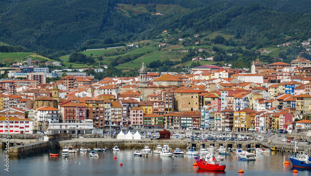 Bermeo village and port against the mountain