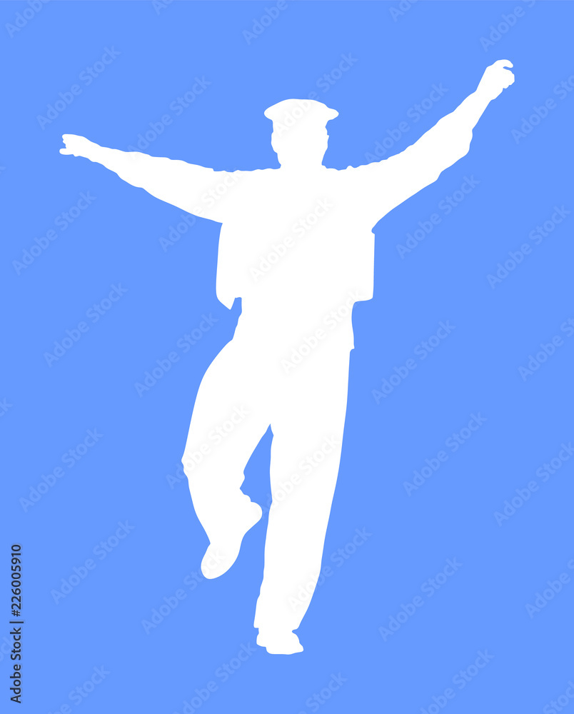 A Greek Evzone dancing vector silhouette isolated on blue background. Traditional wedding dance. Dancing man silhouette vector illustration. Traditional Balkan dance. Sirtaki, Syrtaki, Zorba dance. A Greek Evzone dancing vector silhouette isolated on blue background. Traditional wedding dance. Dancing man silhouette vector illustration. Traditional Balkan dance. Sirtaki, Syrtaki, Zorba dance.