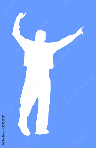A Greek Evzone dancing vector silhouette isolated on blue background. Traditional wedding dance. Dancing man silhouette vector illustration. Traditional Balkan dance. Sirtaki, Syrtaki, Zorba dance. 