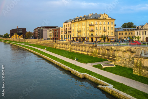 Krakow, Poland - Cracow Old Town, panoramic view of the newly renovated historic Podgorze district by the Vistula river
