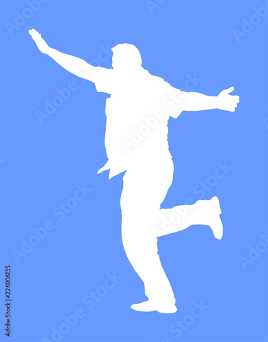 A Greek Evzone dancing vector silhouette isolated on blue background. Traditional wedding dance. Dancing man silhouette vector illustration. Traditional Balkan dance. Sirtaki, Syrtaki, Zorba dance. 