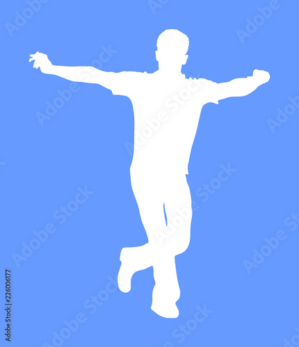 A Greek Evzone dancing vector silhouette isolated on blue background. Traditional wedding dance. Dancing man silhouette vector illustration. Traditional Balkan dance. Sirtaki  Syrtaki  Zorba dance. 