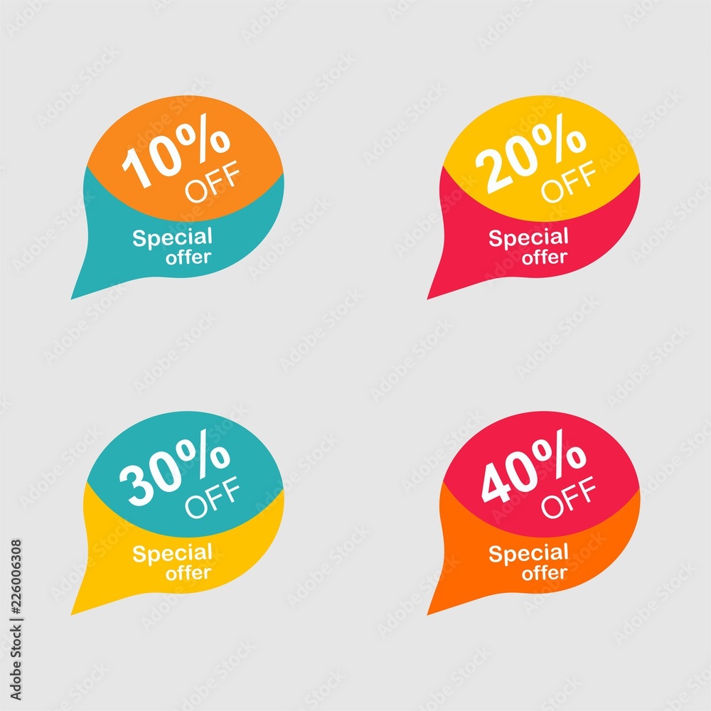 Obraz premium Discount tag with special offer sale sticker. Promo tag discount offer layout. Sale label with advertise offer design template. Sticker sign price isolated modern graphic style vector illustration.