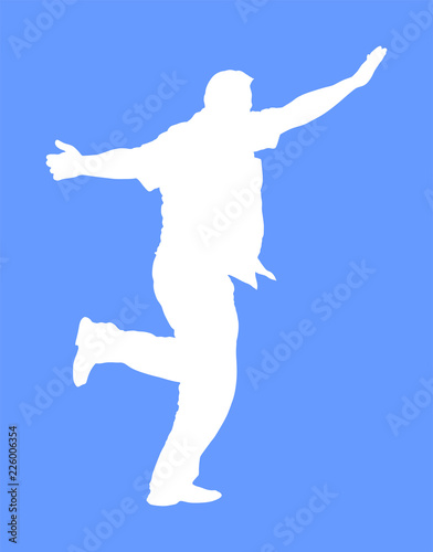 A Greek Evzone dancing vector silhouette isolated on blue background. Traditional wedding dance. Dancing man silhouette vector illustration. Traditional Balkan dance. Sirtaki, Syrtaki, Zorba dance. 