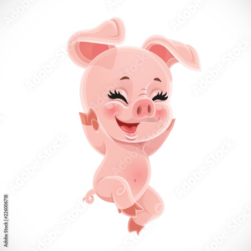 Happy little cute cartoon baby pig isolated on a white background