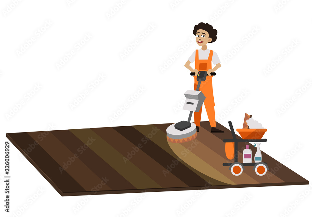 Worker with vacuum cleaner washing floor surface