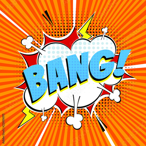Comic lettering speech bubble for emotion with text BANG! comic style flat design. Dynamic retro pop art illustration isolated on orange rays background. Exclamation BANG!