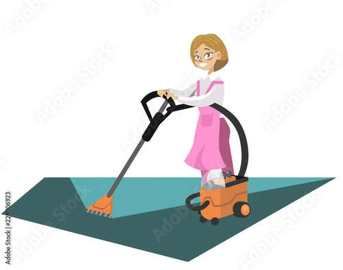 Woman washing floor with vacuum cleaner poster