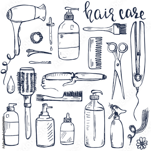 Set of hand drawn hair styling and care products