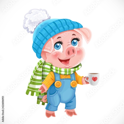 Cute little cartoon baby pig in winter hat with cup of tea isolated on a white background