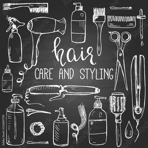 Set of hand drawn hair styling and care products and items on the blackboard