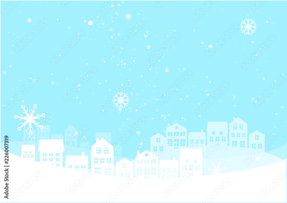 Christmas night landscape with houses. Winter background. For design flyer, banner, poster, invitation