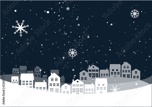 Christmas night landscape with houses. Winter background. For design flyer, banner, poster, invitation