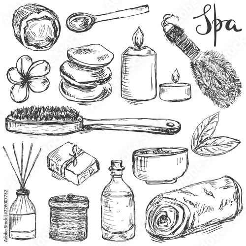 Set of hand drawn spa and beauty related products