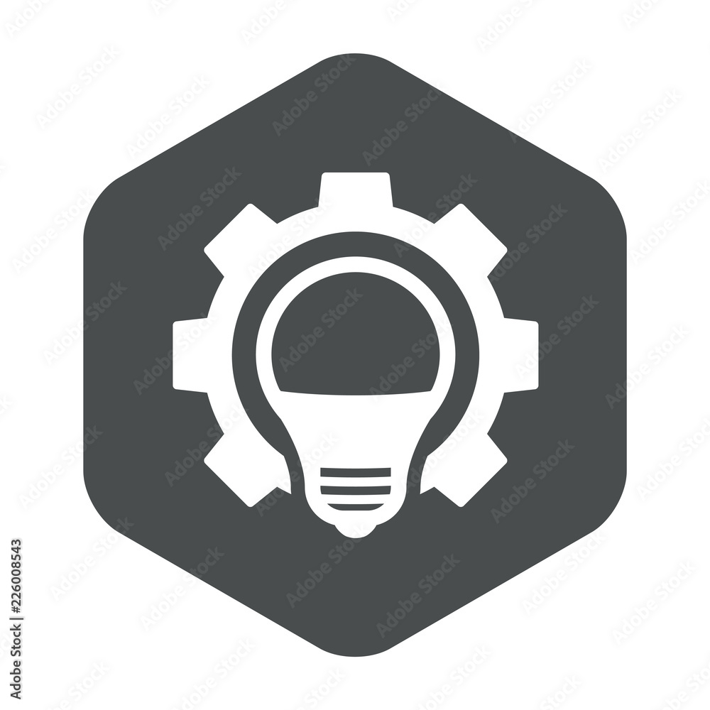 Icono plano bombilla con engranaje en hexágono gris Icono plano bombilla con engranaje en hexágono gris