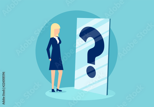 Cartoon woman in front of mirror with question mark