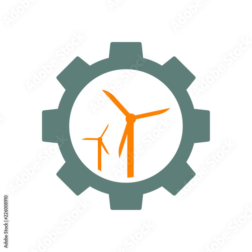 Icono plano engranaje con turbina eólica en gris y naranja