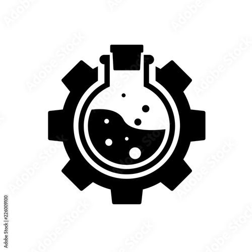 Icono plano engranaje con probeta circular en color negro