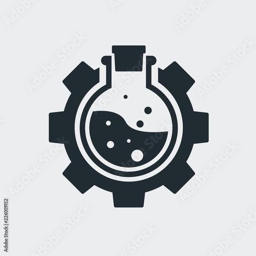 Icono plano engranaje con probeta circular en fondo gris