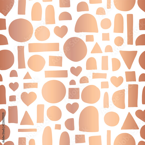 Rose gold foil geometric doodle shape seamless vector pattern. Hand drawn shiny metallic copper heart, circle, rectangle abstract shapes on white background. Christmas, gift wrap, page fill, new year
