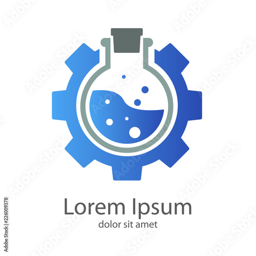 Logotipo engranaje con probeta circular con liquido azul